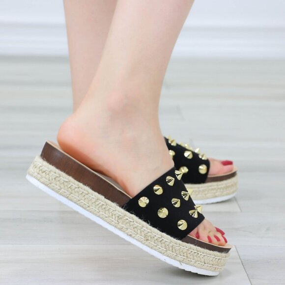 Black Platform Espadrille Sandals Nubuck Gold Metal Stud Sliders - Picture 6 of 11